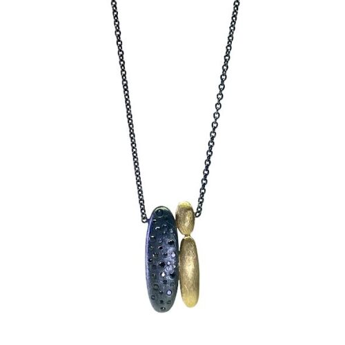 18 karat Yellow Gold, Oxidized Sterling Silver and Black Diamond Necklace