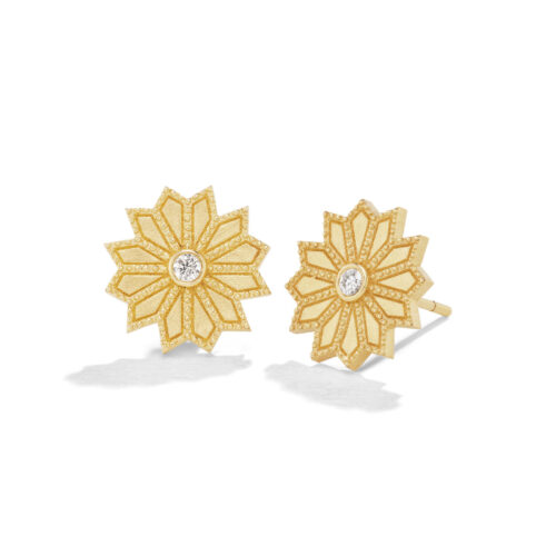 18 karat Yellow Gold and Diamond "Sacred Flower" Stud Earring
