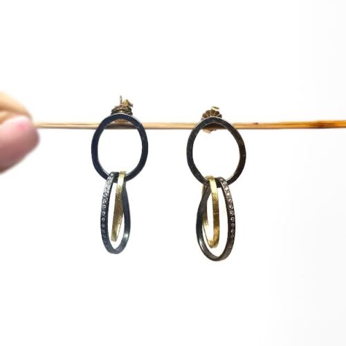 18 karat Yellow Gold, Oxidized Sterling Silver and Diamond Earrings