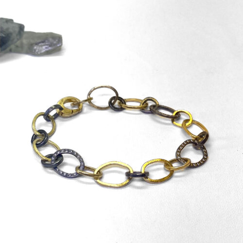 18 karat Yellow Gold, Oxidized Sterling Silver and Diamond Link Bracelet