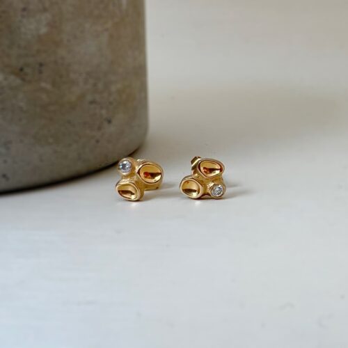 Yellow Gold and Diamond 3 pod Organic Stud Earrings