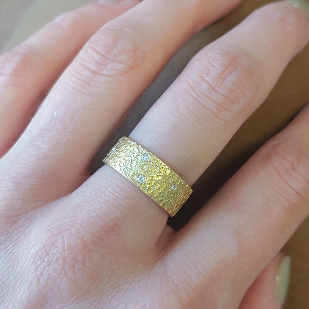 Gold and Diamond Textured Cigar Band Ring