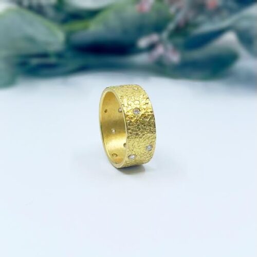 Gold and Diamond Textured Cigar Band Ring