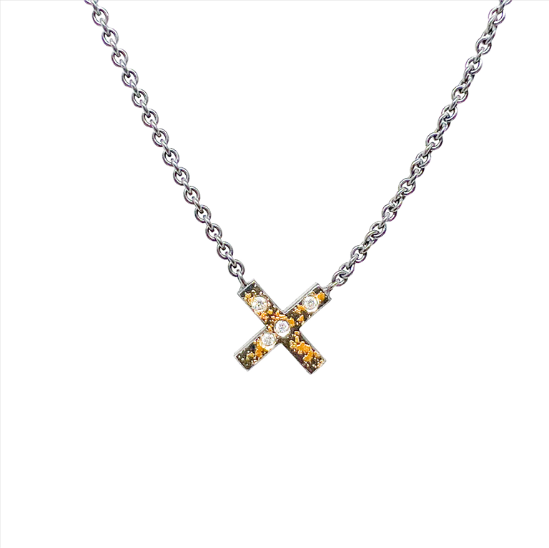 X Pendant in Yellow Gold Silver and Diamond