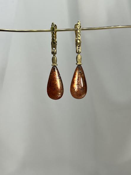 Yellow Gold and Sunstone Dangle Earrings