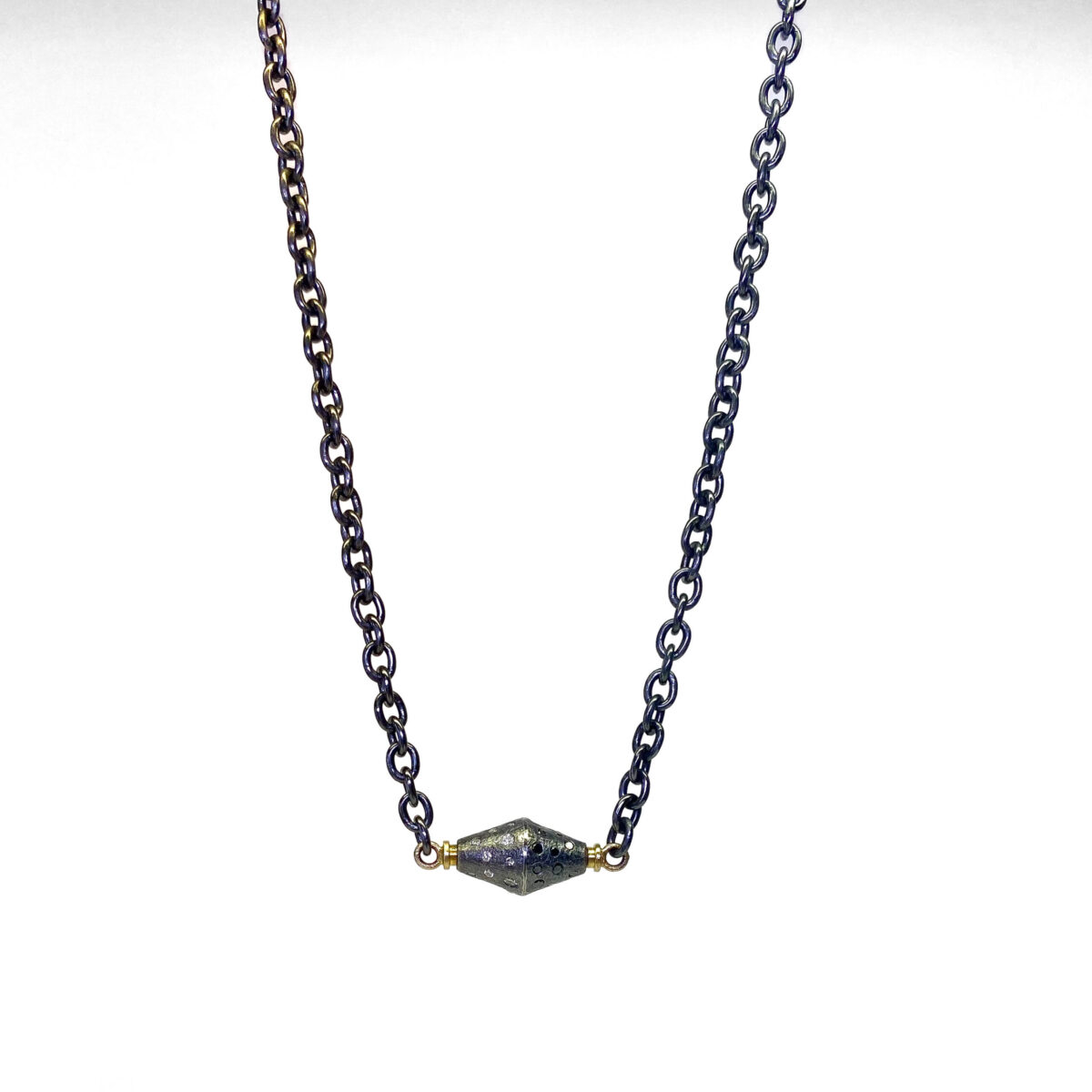 Oxidized Sterling Silver, 18 karat Yellow Ring and Diamond Necklace
