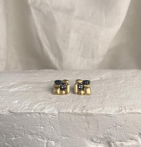 18 karat Yellow Gold, Oxidized Sterling Silver and Diamond Earrings