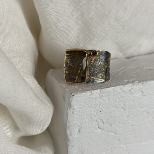 Silver, Yellow Gold and Rutilated Quartz Ring