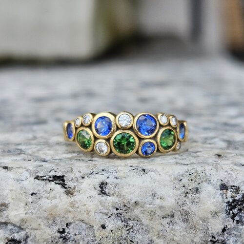 Blue Sapphire, Green Tsavorite and Diamond Dome Ring
