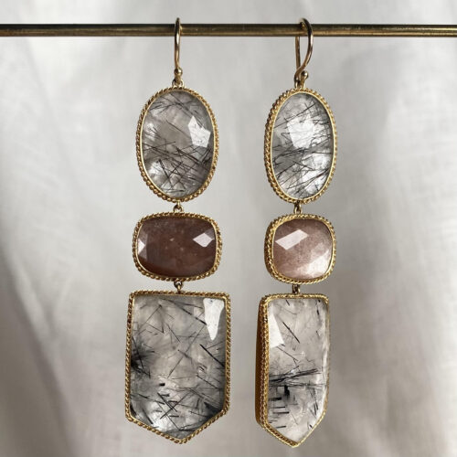 18 karat Yellow Gold, Tourmalinated Quartz and Pink Moonstone Earrings