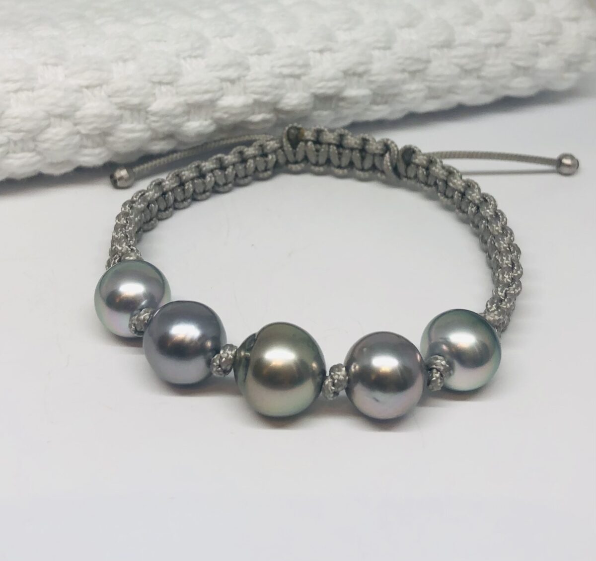 Tahitian Pearl and Gray Macrame Bracelet