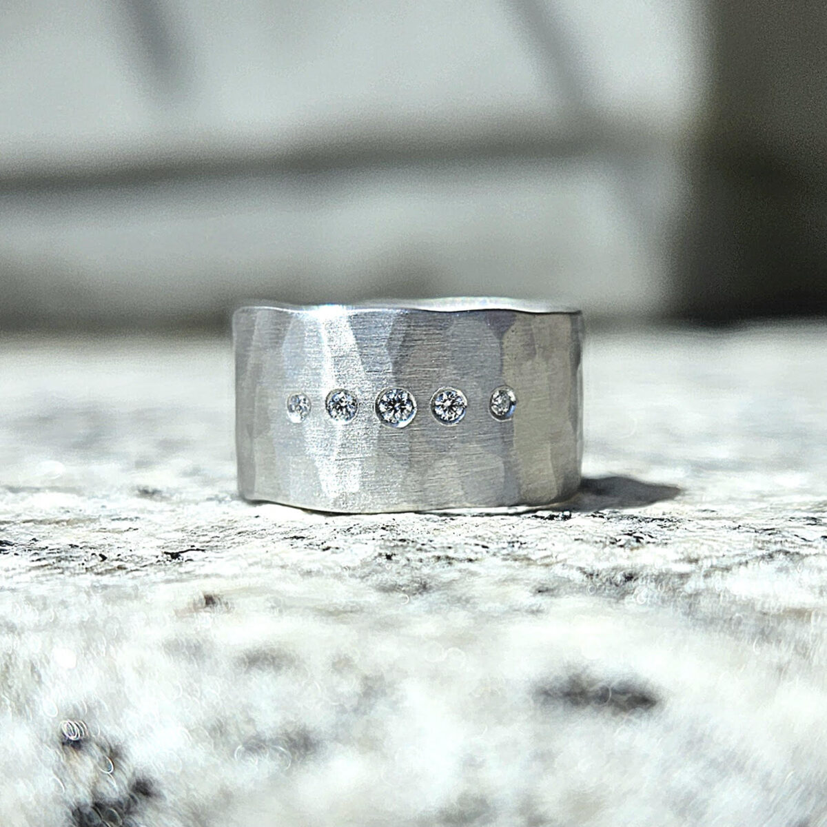 Wide Hammered Platinum and Diamond Band