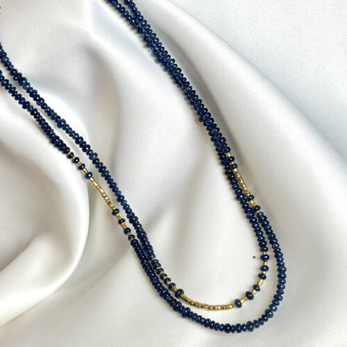 Beaded Blue Sapphire Cabochon Gold Roundel Necklace