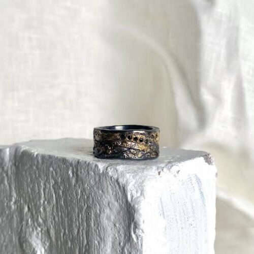 Oxidized Sterling Silver, 22 karat Yellow Gold and Diamond Band