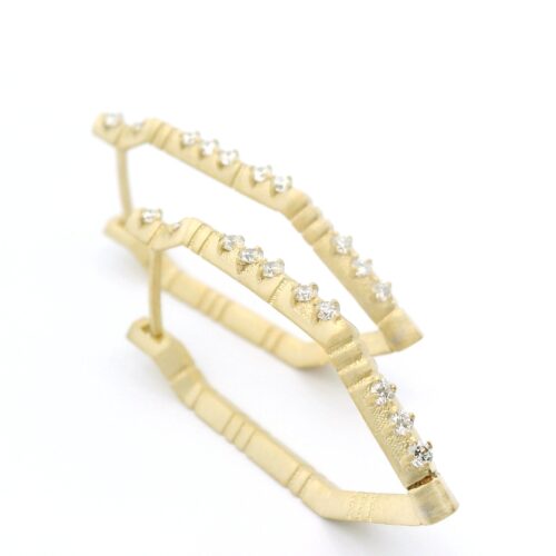 Curved Notched Yellow Gold and Diamond Earrings