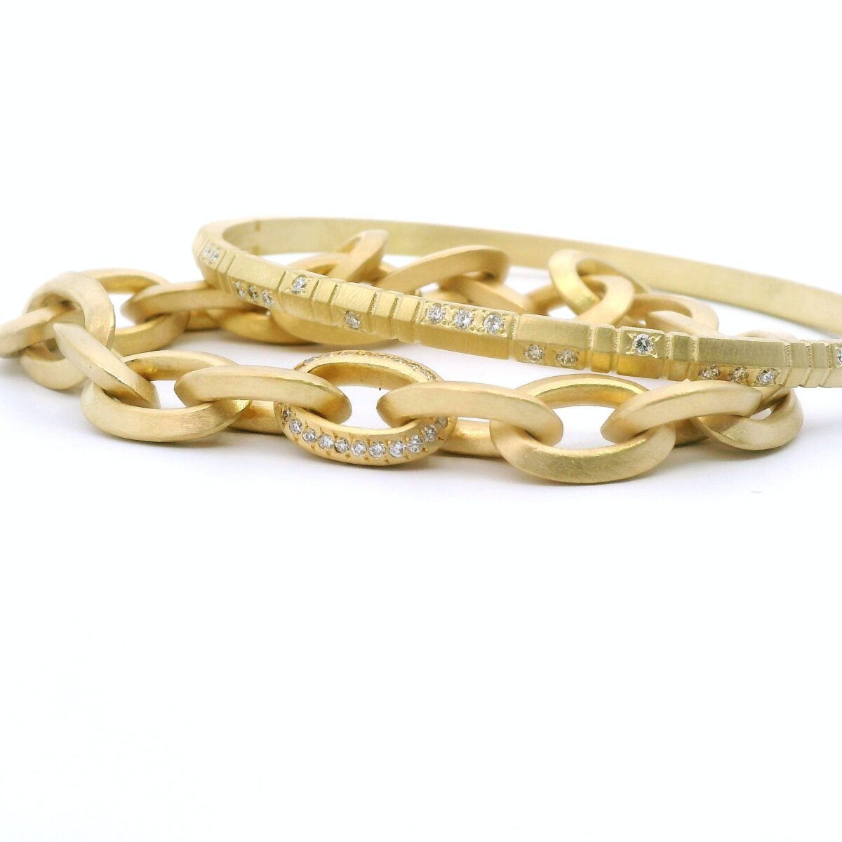 Carved Yellow Gold and Diamond Hinge Bracelet