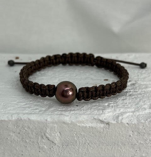 Tahitian Pearl and Dark Brown Macrame Bracelet