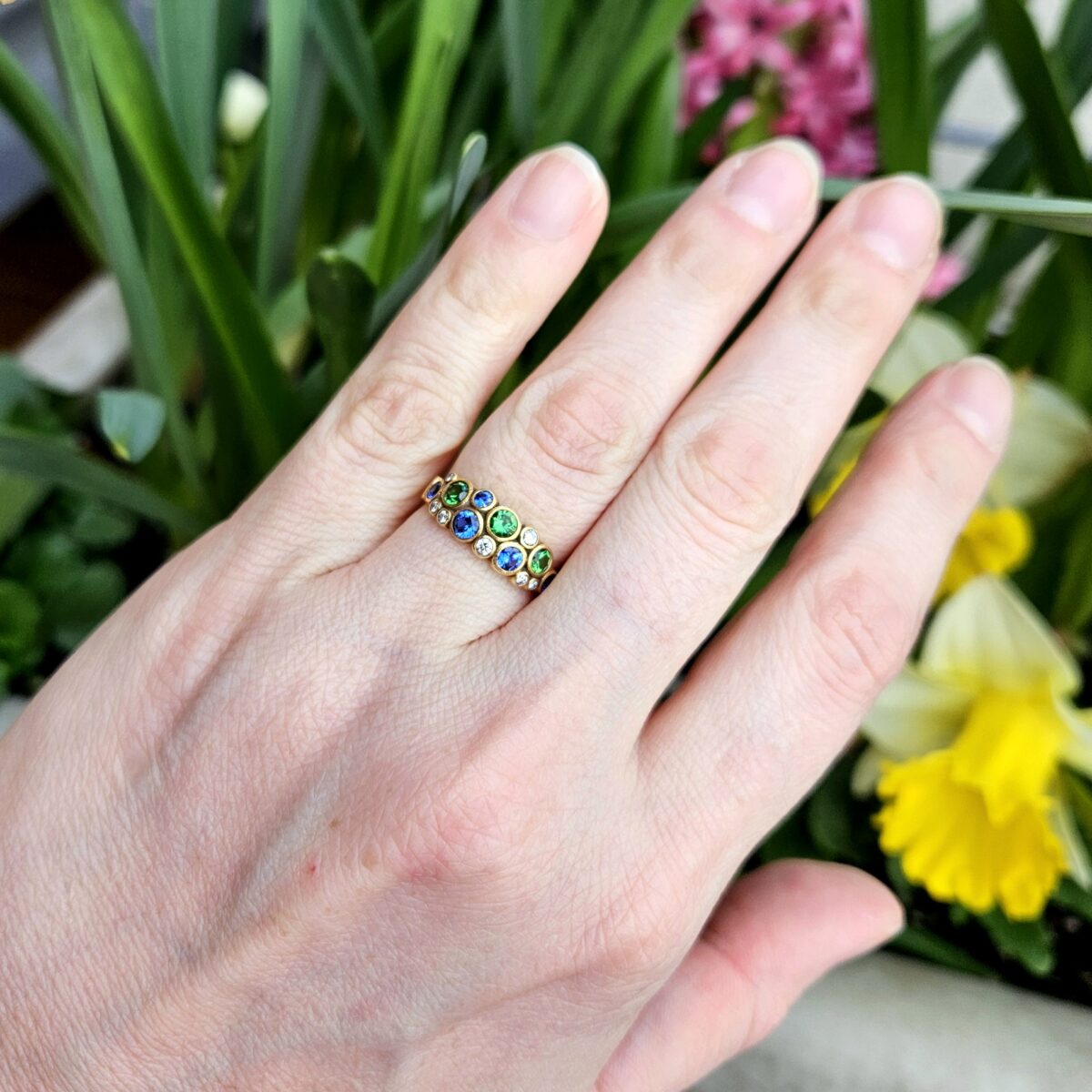 Blue Sapphire, Green Tsavorite and Diamond Dome Ring