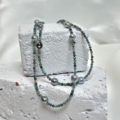 Yellow Gold Multi Color Tourmaline and Tahitian Pearl Necklace