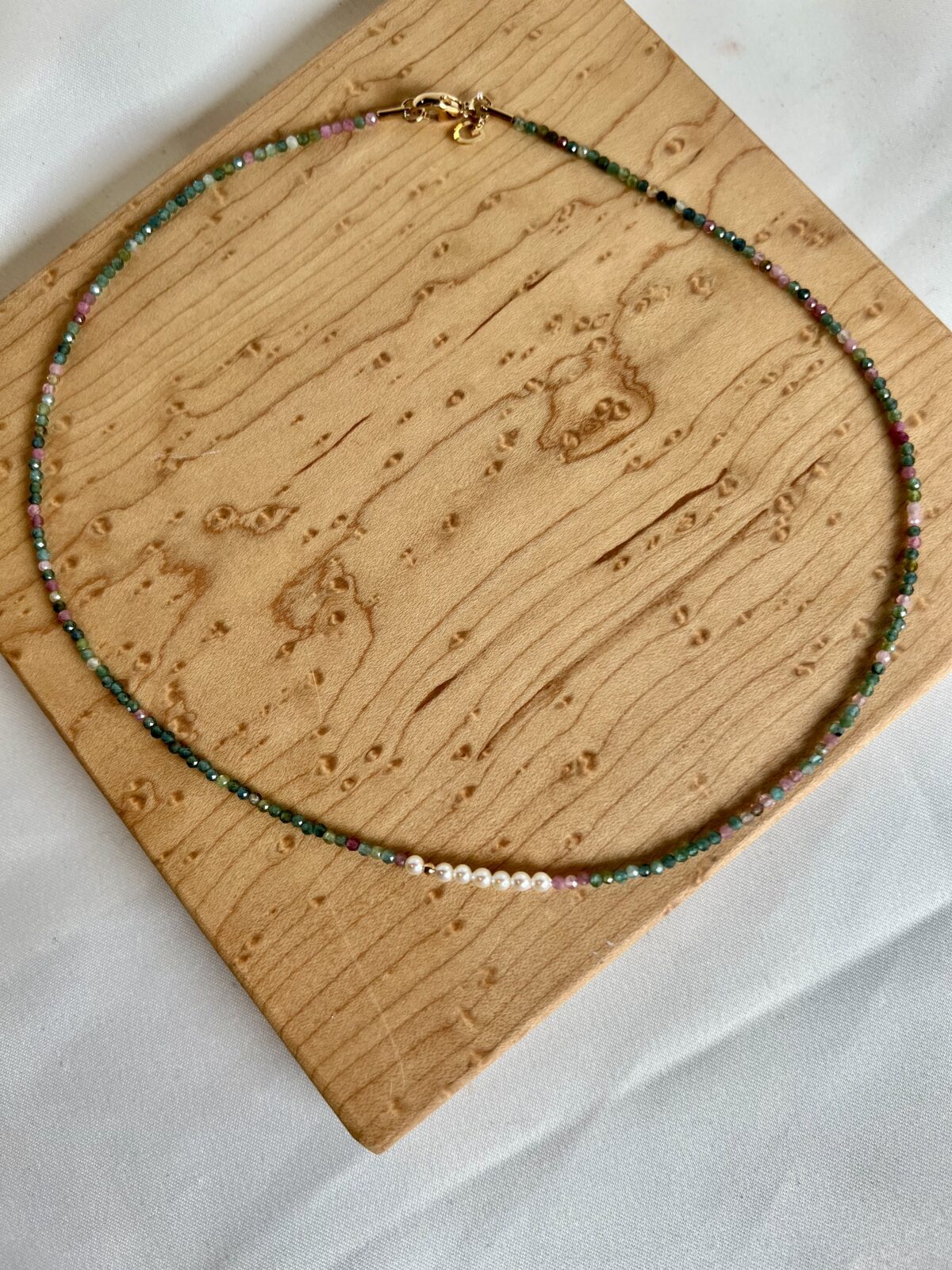 yellow gold tourmaline, akoya pearl and yellow gold necklace