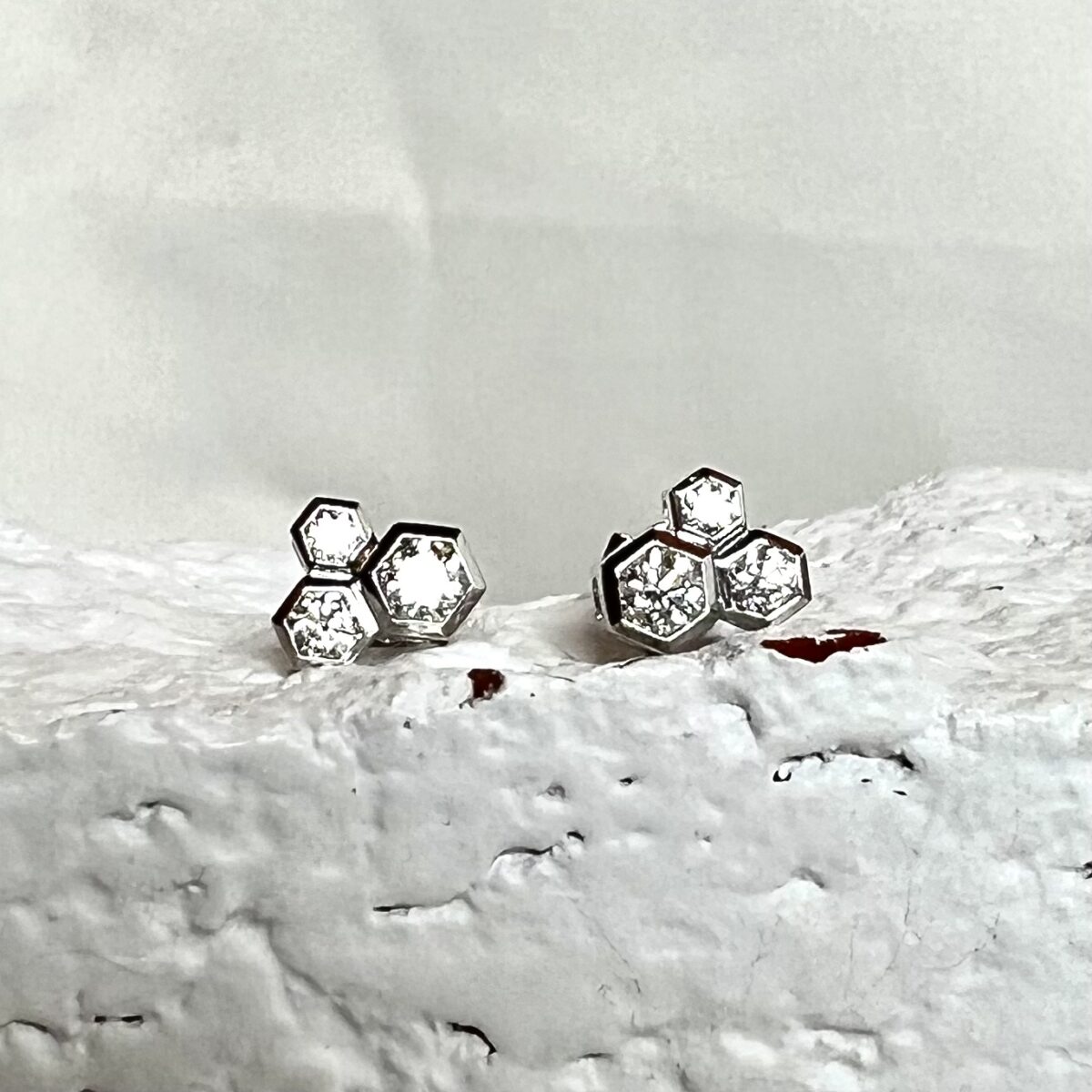 White Gold Hex Cluster Earrings