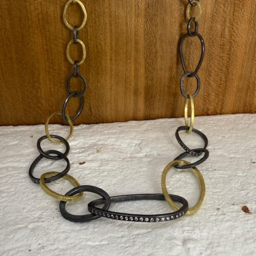 Diamond, 18 karat Yellow Gold and Oxidized Silver Chain Link Necklace