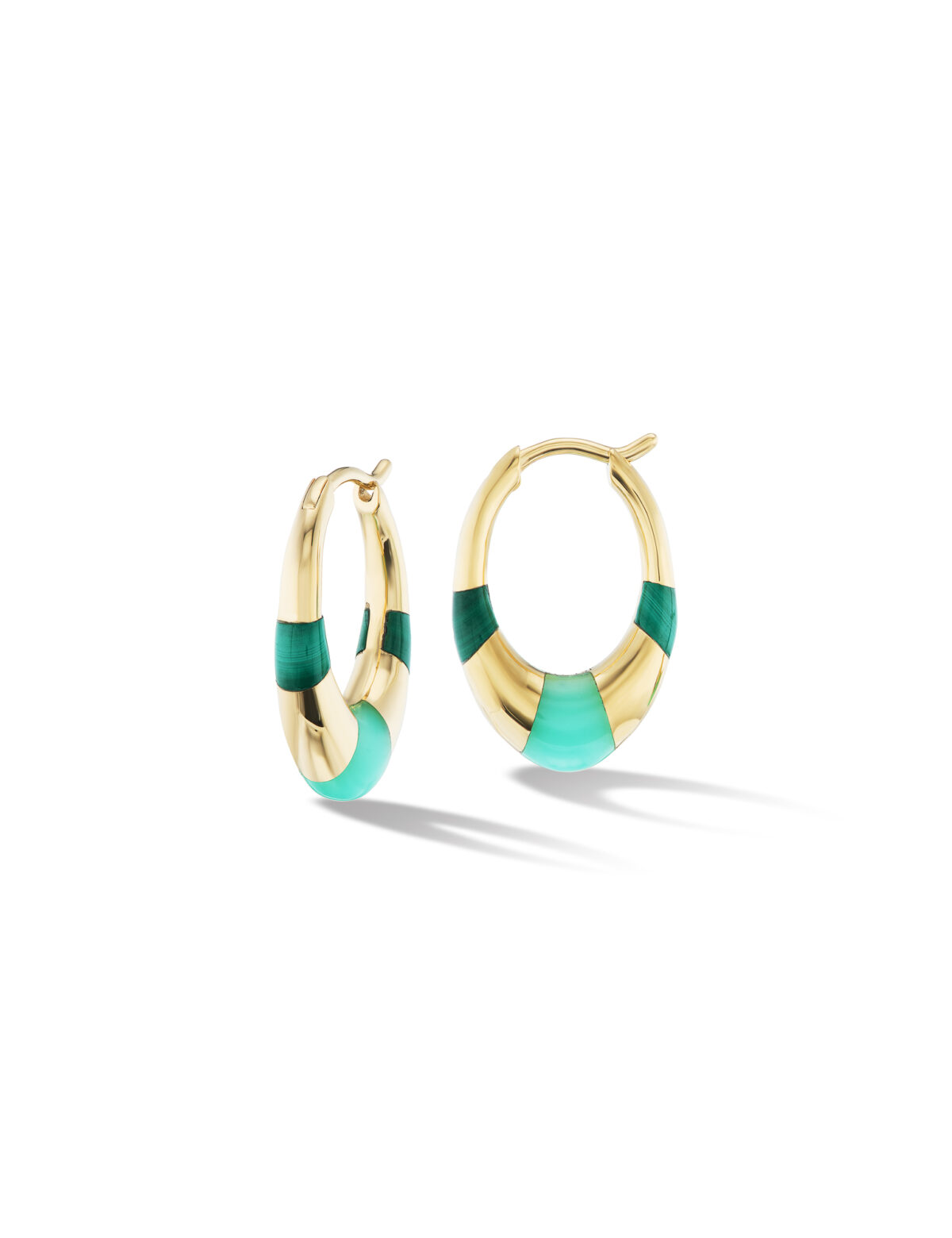 18 karat Yellow Gold, Malachite and Chrysoprase Hoop Earrings