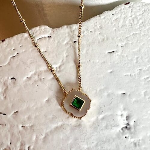 18k Yellow Gold, Mother of Pearl and Emerald Inlay Necklace