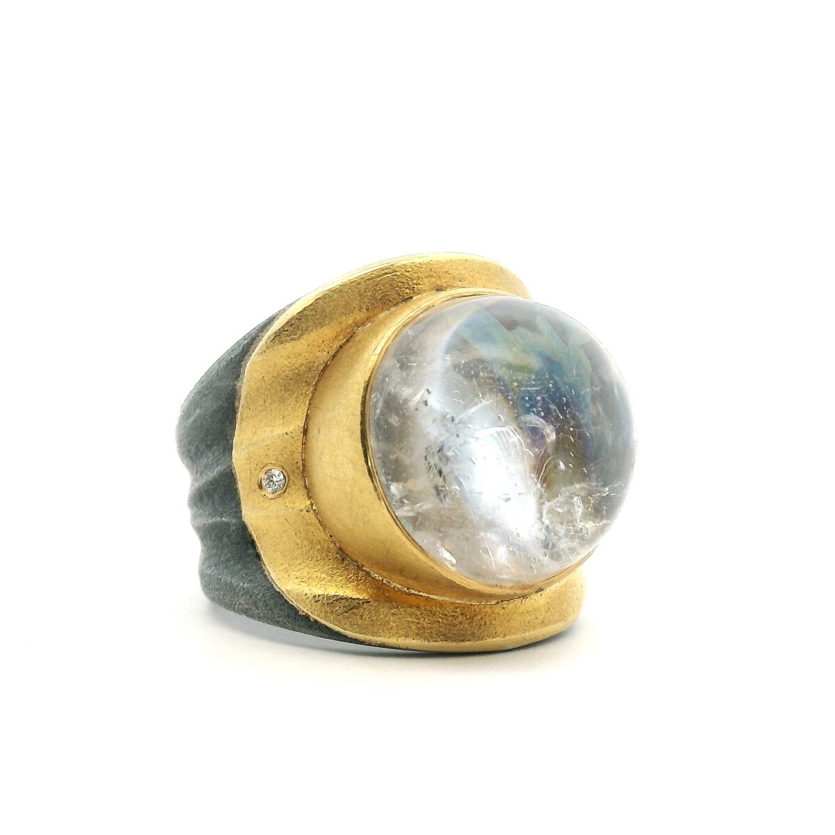 Yellow Gold Oxidized Silver Jelly Quartz Ring