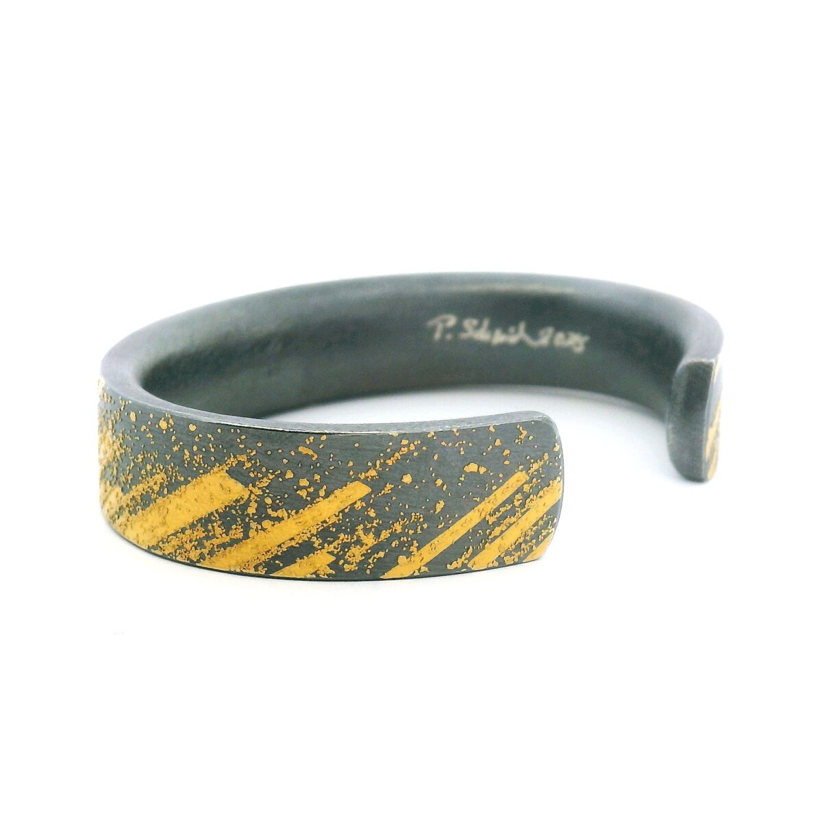 Yellow Gold, Oxidized Silver and Diamond Diagonal Striped Cuff