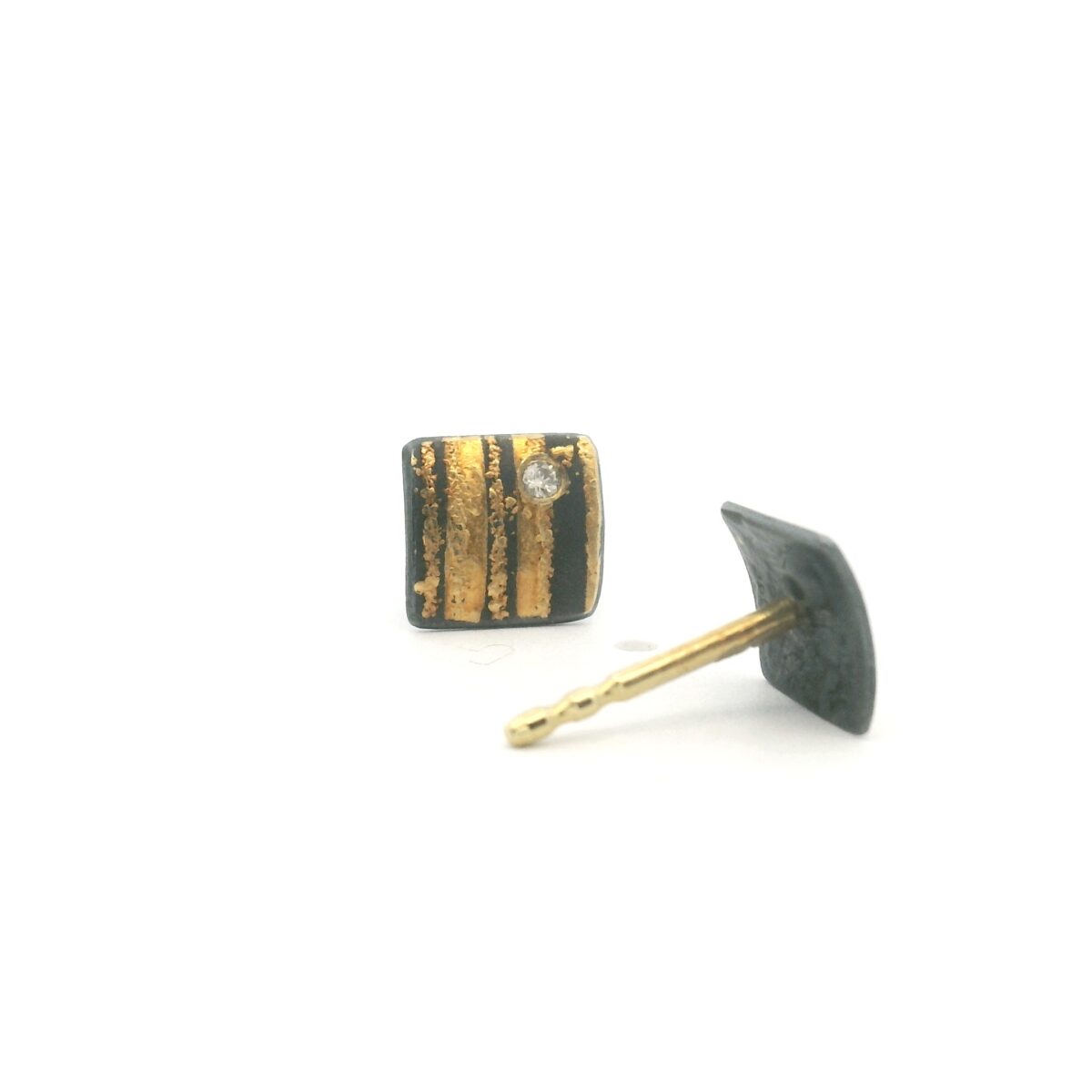 Square Yellow Gold, Oxidized Silver and Diamond Studs
