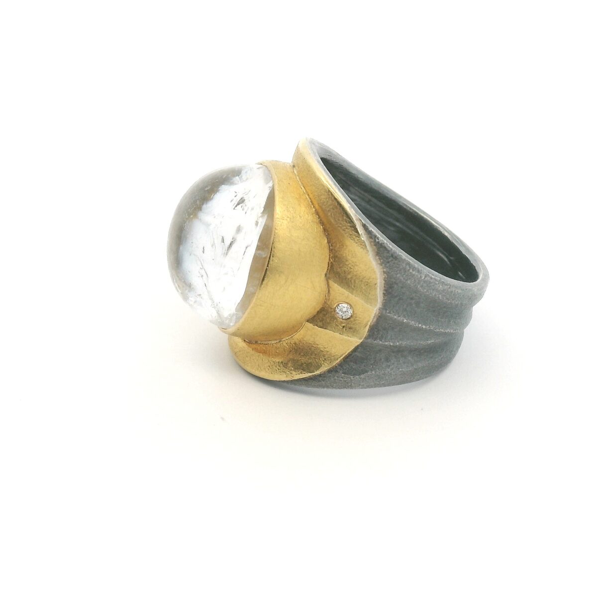 Yellow Gold Oxidized Silver Jelly Quartz Ring