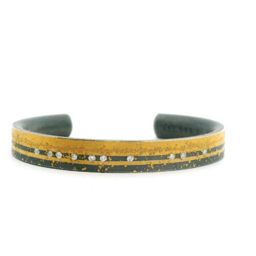Yellow Gold, Oxidized Silver and Diamond Cuff