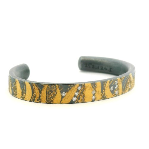Yellow Gold and Oxidized Silver and Diamond Cuff Bracelet