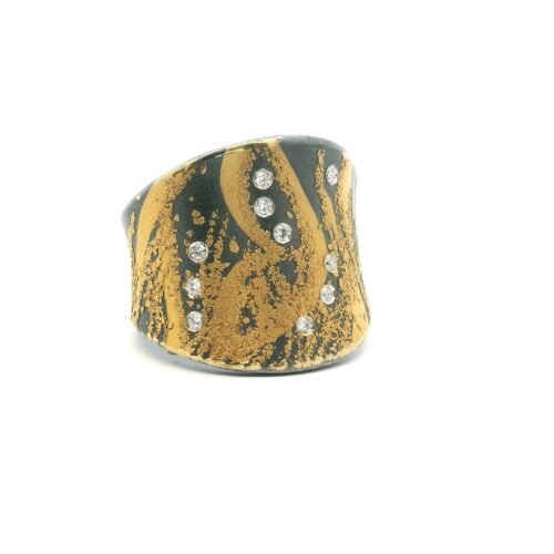 Yellow Gold Oxidized Sterling Silver Diamond Ring