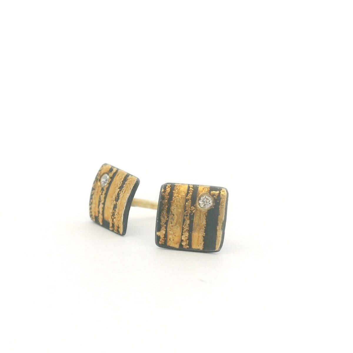 Square Yellow Gold, Oxidized Silver and Diamond Studs