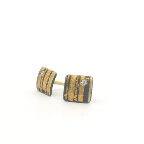 Square Yellow Gold, Oxidized Silver and Diamond Studs