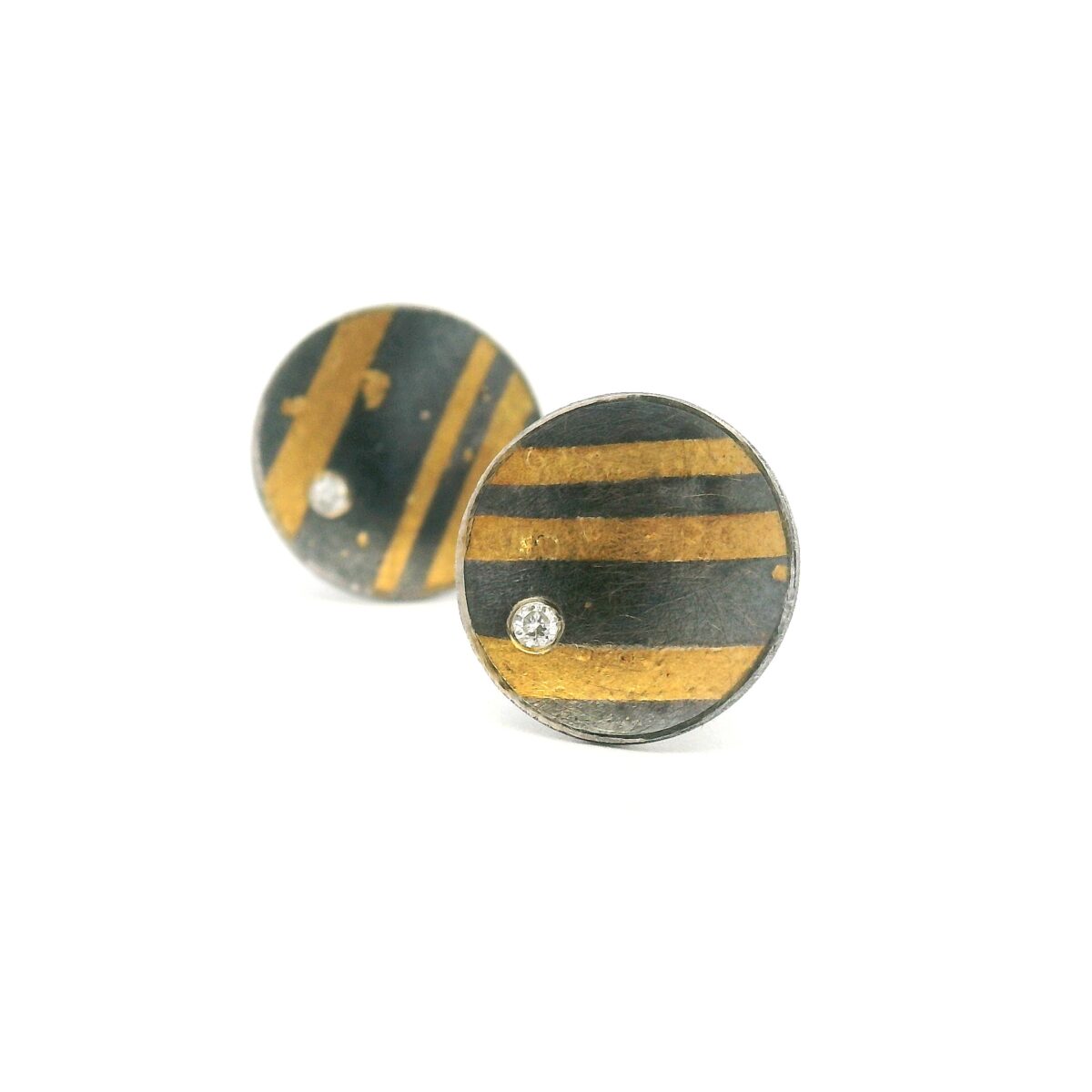 Yellow Gold and Oxidized Silver Diamond Disc Earrings