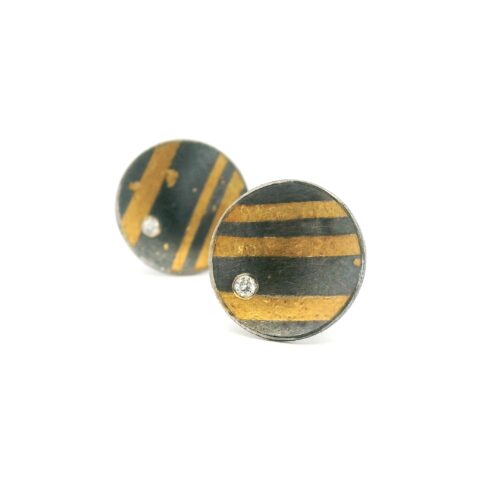 Yellow Gold and Oxidized Silver Diamond Disc Earrings