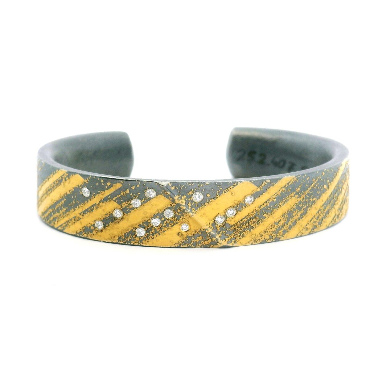 Yellow Gold, Oxidized Silver and Diamond Diagonal Striped Cuff