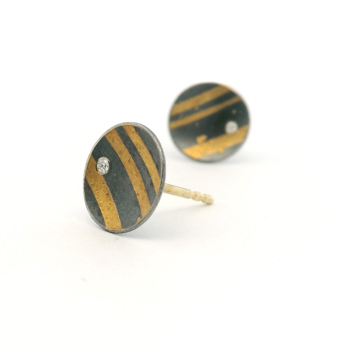 Yellow Gold and Oxidized Silver Diamond Disc Earrings