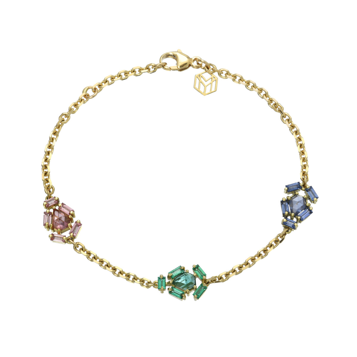 Yellow Gold Sapphire and Emerald Cluster Bracelet