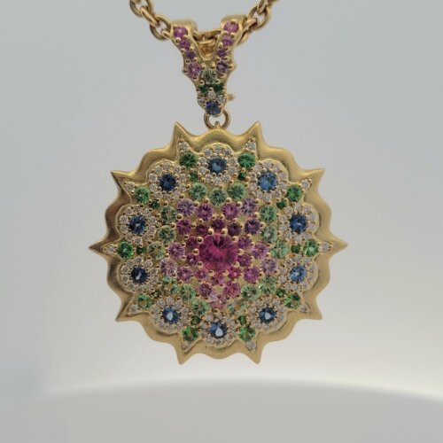 Yellow gold, Diamond, Tsavorite Mandala Pendant