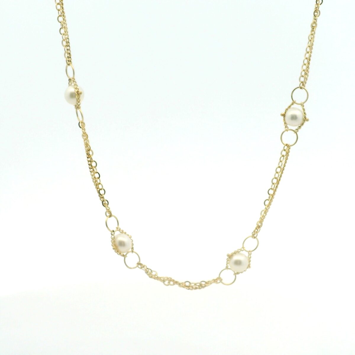 Yellow Gold Pearl Station Necklace