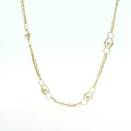 Yellow Gold Pearl Station Necklace