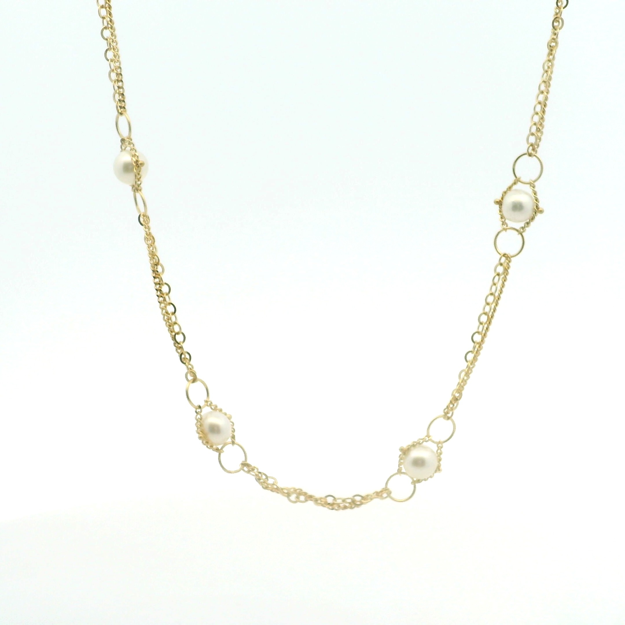 Yellow Gold Pearl Station Necklace