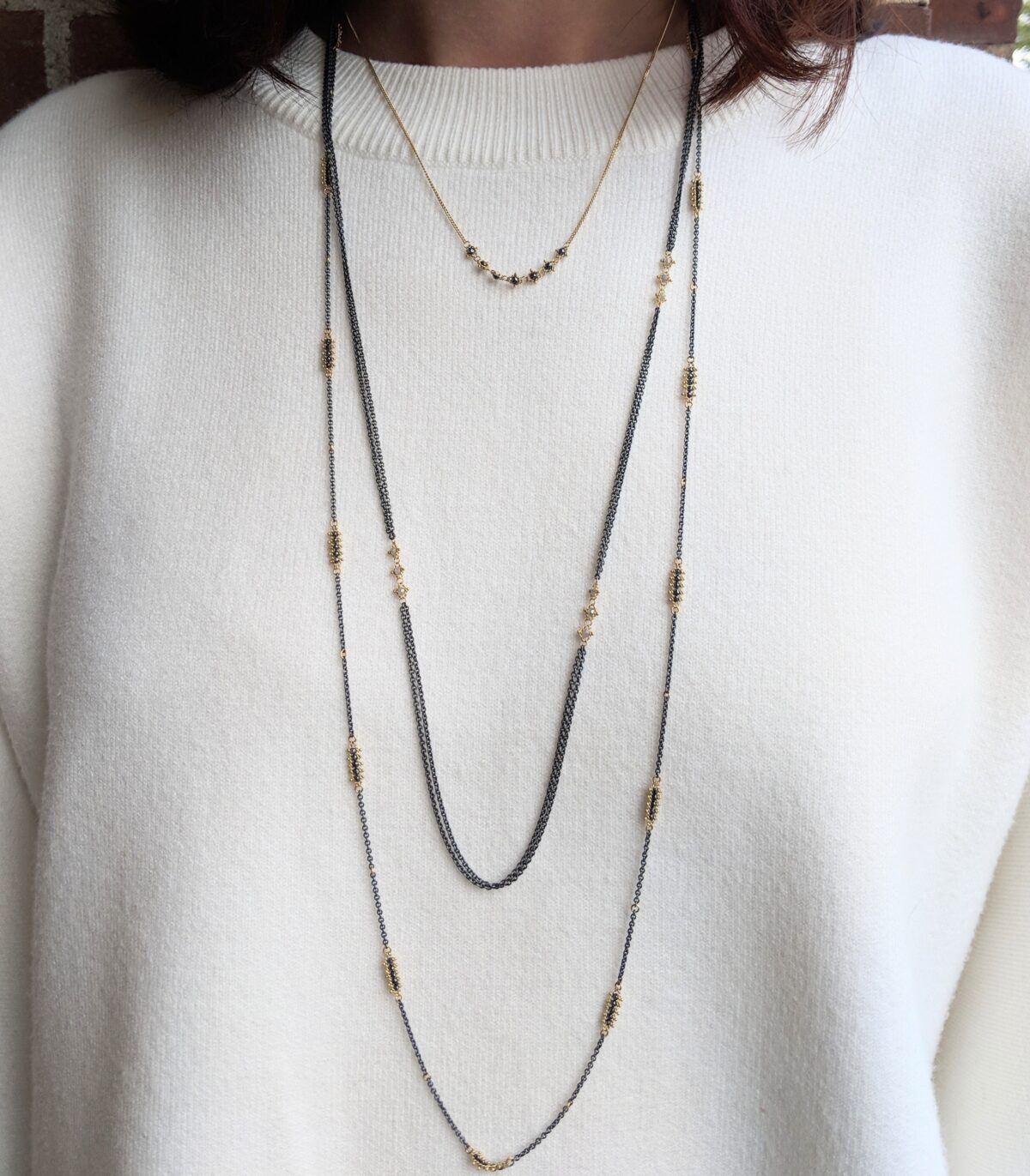 Mixed Metal Black Diamond Textile Station Necklace