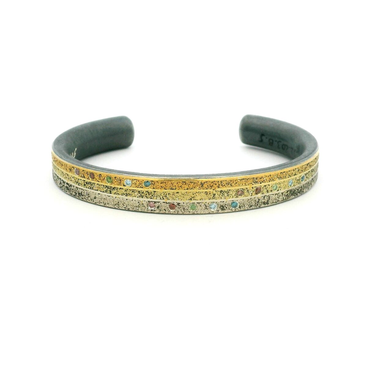 yellow gold, oxidized sterling silver colorful diamond cuff