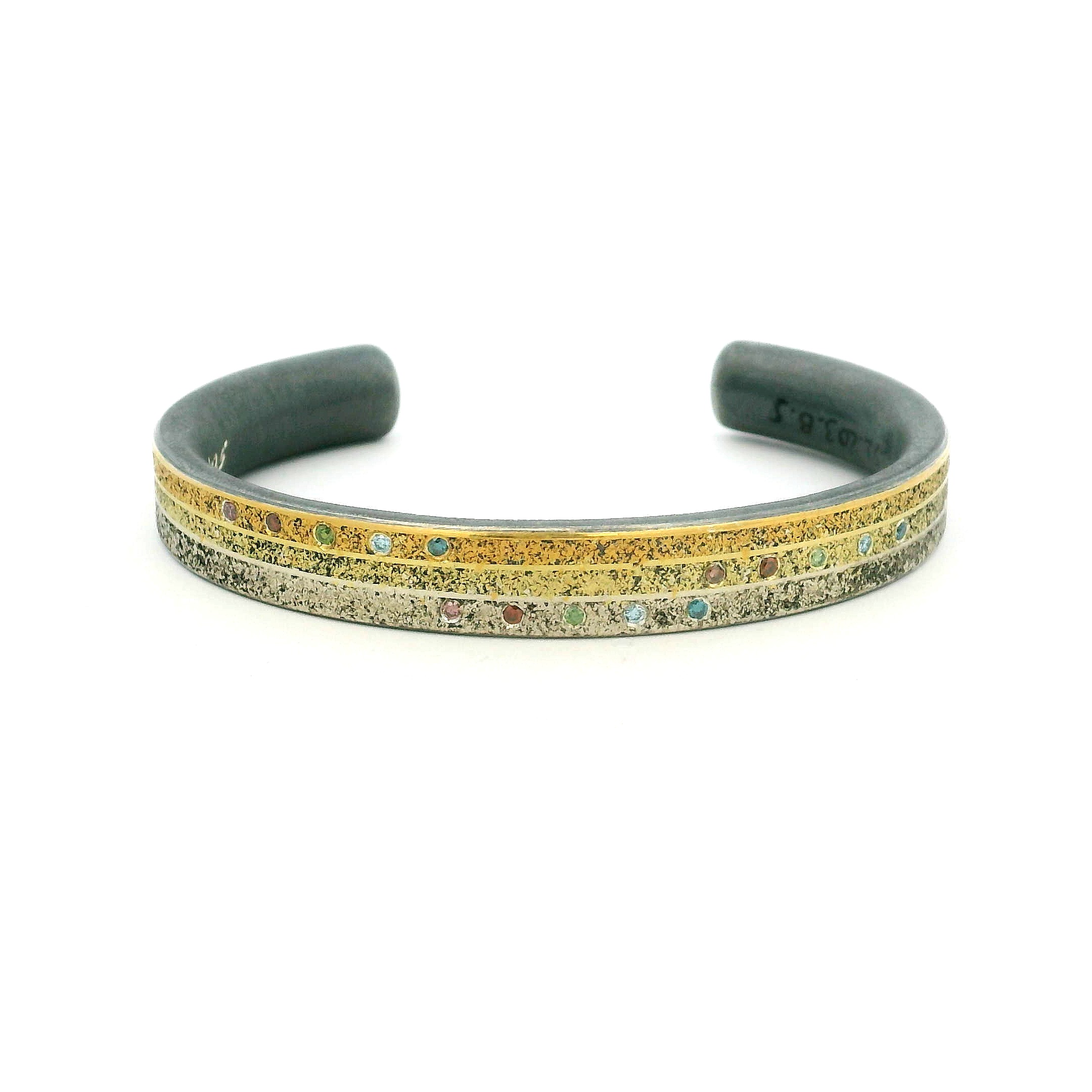 yellow gold, oxidized sterling silver colorful diamond cuff