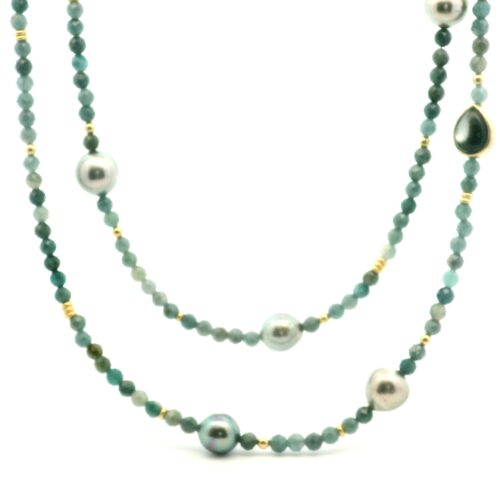 Yellow Gold Multi Color Tourmaline and Tahitian Pearl Necklace